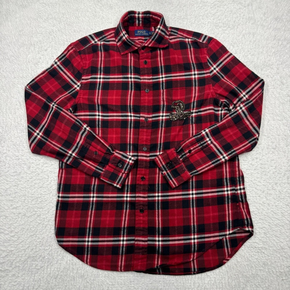 Polo Ralph Lauren Top Red Plaid‎ Button Up Shirt Beaded Logo Women's Size Medium